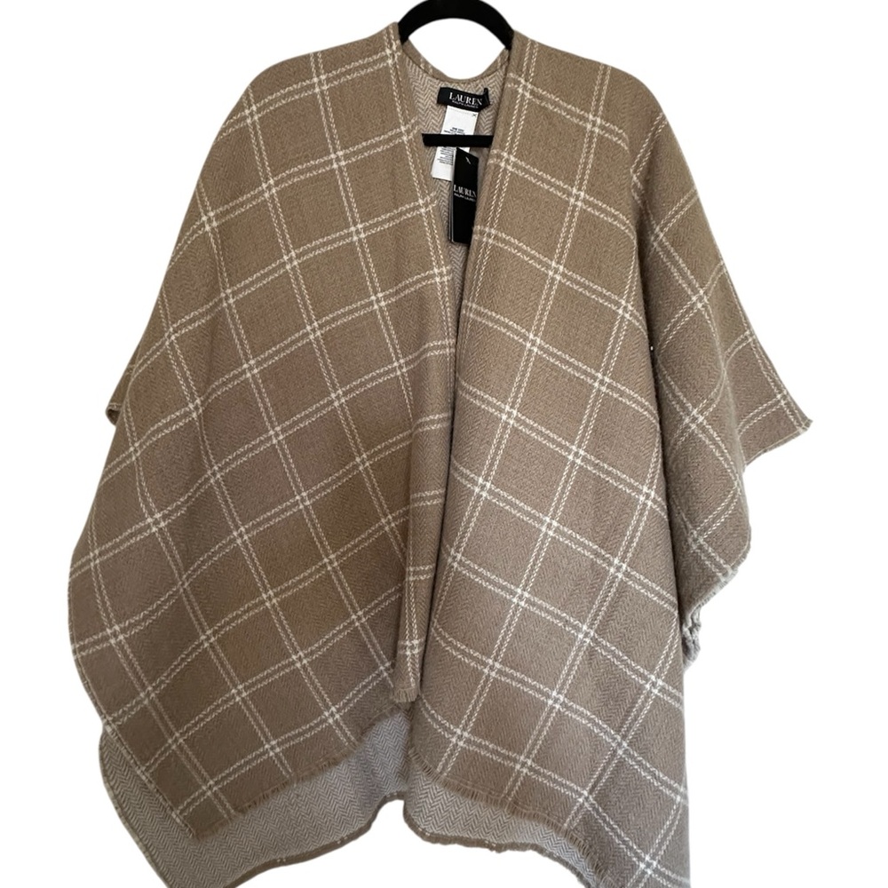 Ralph Lauren Taupe Plaid Open-Front Cape